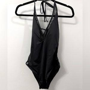 Venus black peak-a-boo lace one piece swimsuit